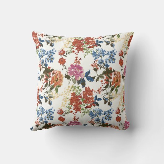 ヴィンテージのChintzの花パターン赤く青いピンクの花 クッション (裏面)