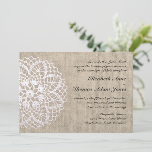 ヴィンテージのDoily及びバーラップの結婚式招待状 招待状 (スタンド正面)