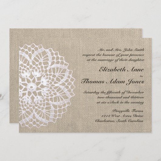 ヴィンテージのDoily及びバーラップの結婚式招待状 招待状 (正面/裏面)