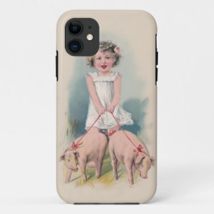 ヴィンテージのIphoneのかわいい場合-若いGrilの歩くのブタ iPhone 11 ケース