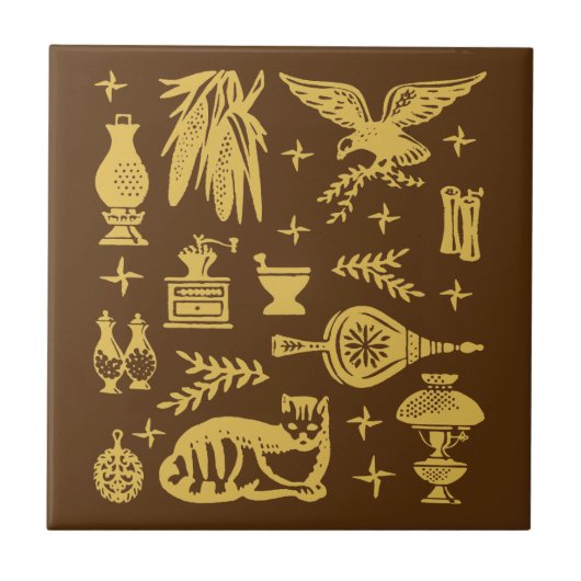 ヴィンテージのPyrexパターン-早くアメリカ人(金ゴールド) タイル (正面)