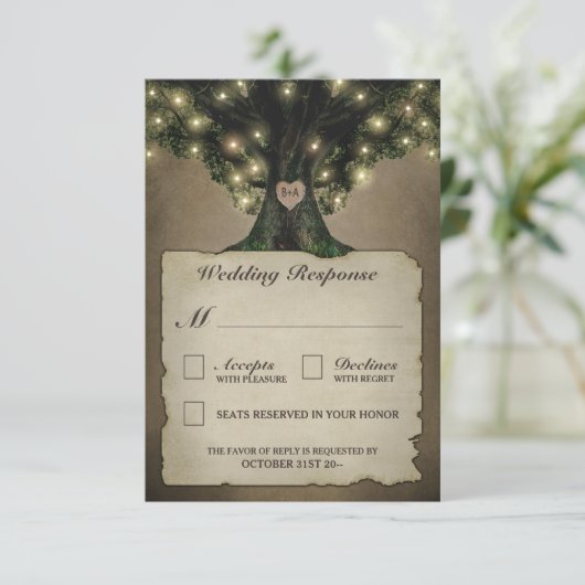 ヴィンテージのRSVPカードを結婚する祖父のオークの木 出欠カード (スタンド正面)