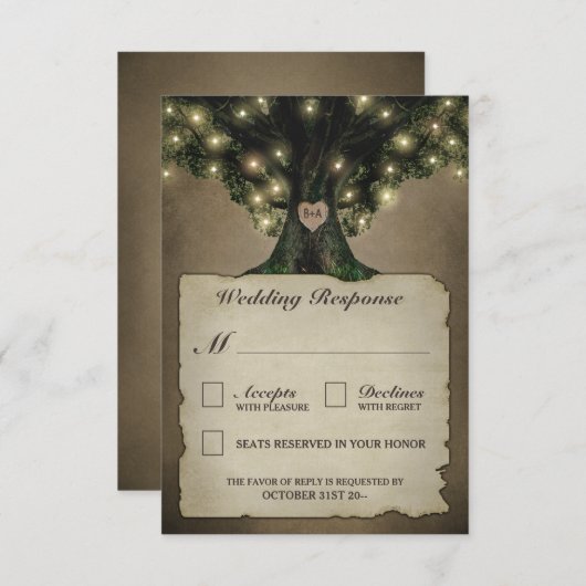 ヴィンテージのRSVPカードを結婚する祖父のオークの木 出欠カード (正面/裏面)