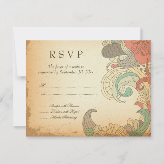 ヴィンテージのRSVPカードを結婚する赤茶色の花柄の渦巻 出欠カード (正面)