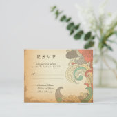 ヴィンテージのRSVPカードを結婚する赤茶色の花柄の渦巻 出欠カード (スタンド正面)