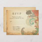 ヴィンテージのRSVPカードを結婚する赤茶色の花柄の渦巻 出欠カード (正面/裏面)
