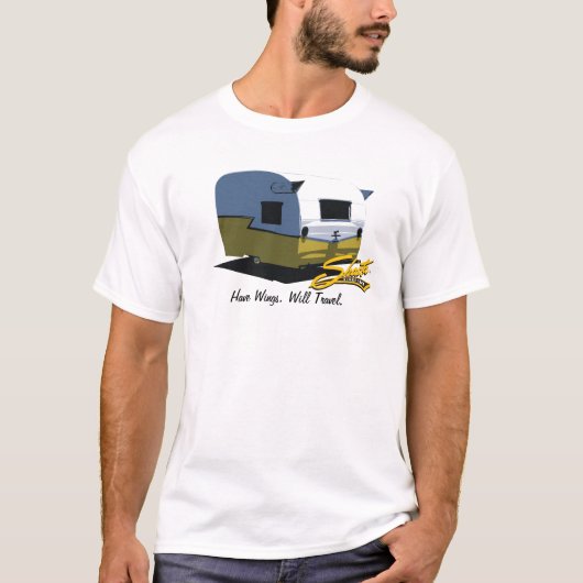ヴィンテージのShastaのキャンピングカー旅行トレーラーの黄色 Tシャツ (正面)