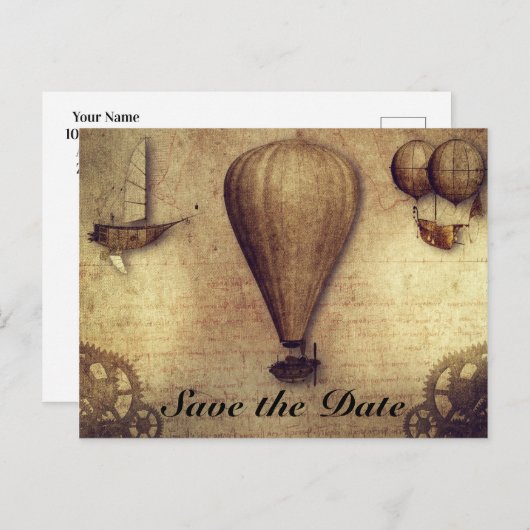 ヴィンテージのSteampunkのコグの気球の保存日付 案内ポストカード (正面/裏面)