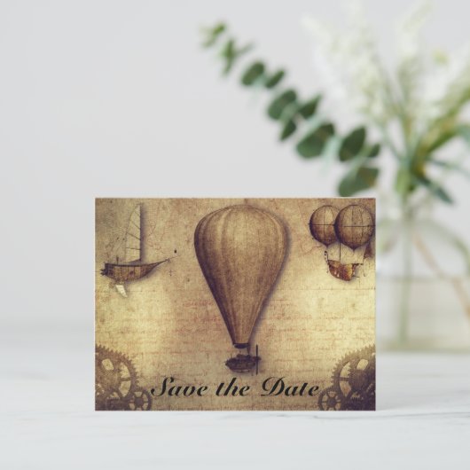 ヴィンテージのSteampunkのコグの気球の保存日付 案内ポストカード (スタンド正面)
