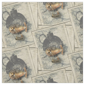 ヴィンテージのSteampunkの飛行船のコンパスおよびアンティークの地図 ファブリック