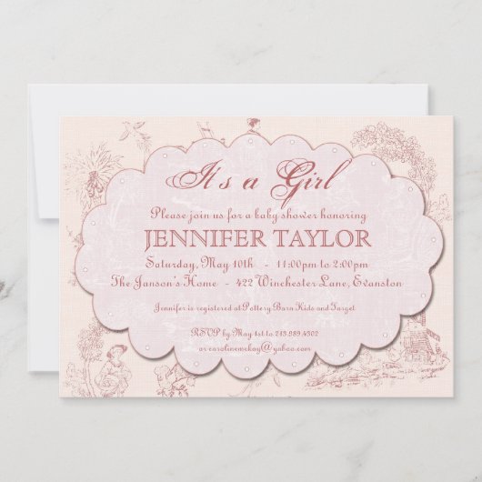 ヴィンテージのToileのベビーシャワーの招待状のピンク 招待状 (正面)