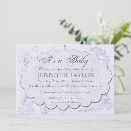 ヴィンテージのToileのベビーシャワーの招待状の紫色 招待状 (スタンド正面)
