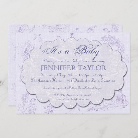 ヴィンテージのToileのベビーシャワーの招待状の紫色 招待状 (正面/裏面)