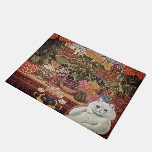 ヴィンテージのWainの白い植物学者の花猫 ドアマット (アングル)