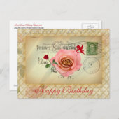 ヴィンテージはがきコラージピンクローズアンドキューピッド ポストカード (正面/裏面)