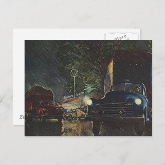 ヴィンテージはがきレトロ雨天夜道端ダイナー ポストカード (正面/裏面)