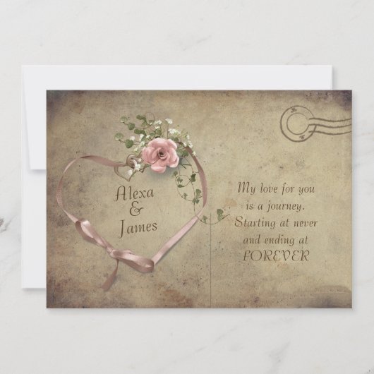 ヴィンテージはがき及びリボン結婚ハート 招待状 (正面)