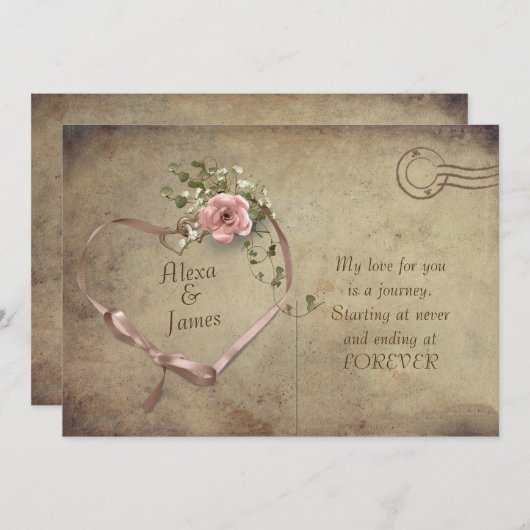 ヴィンテージはがき及びリボン結婚ハート 招待状 (正面/裏面)