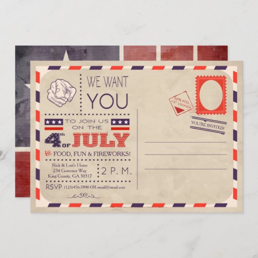 ヴィンテージはがき7月4日招待状 招待状 (正面/裏面)
