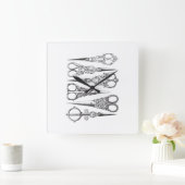 ヴィンテージはさみエレガント白黒 スクエア壁時計 (ホーム)