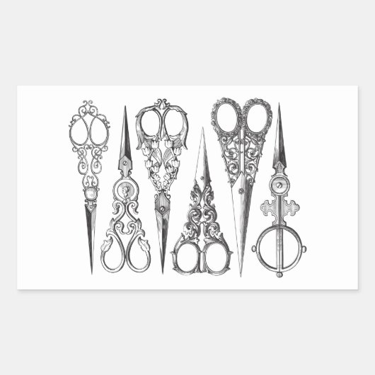 ヴィンテージはさみエレガント白黒 長方形シール (正面)