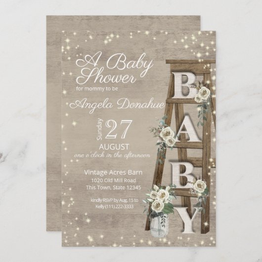 ヴィンテージはしご及び輝く赤ちゃんシャワー 招待状 (正面/裏面)