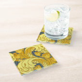 ヴィンテージはっきりしたチューリップブルー金ゴールドパターン ガラスコースター (アングル)