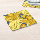 ヴィンテージはっきりしたチューリップブルー金ゴールドパターン スクエアペーパーコースター (アングル)