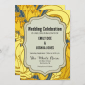 ヴィンテージはっきりしたチューリップブルー金ゴールドパターン 招待状 (正面/裏面)