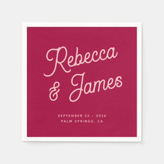 ヴィンテージはっきりしたレトロホットピンク明るい赤紫色ウェディングパーティー スタンダードカクテルナプキン (正面)