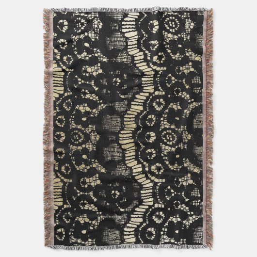 ヴィンテージはエレガントでフランスのな花のレースののどの金ゴールドを黒くします スローブランケット (正面縦)