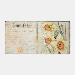 ヴィンテージはダッフォジルとスクリプトを見る。編集可能な名前 デスクマット