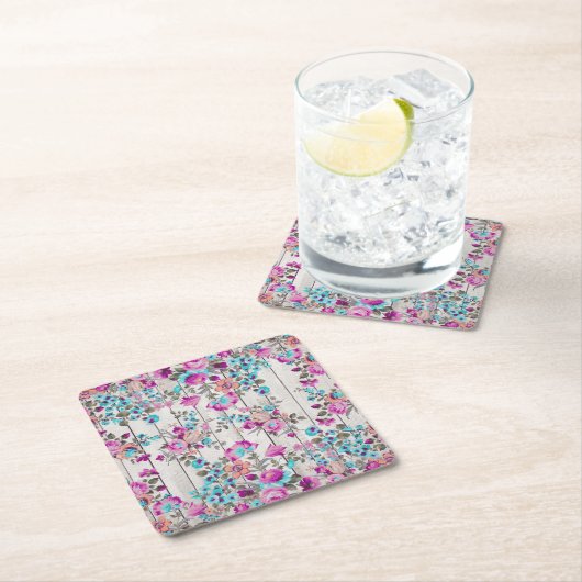 ヴィンテージはティール（緑がかった色）の花の白く素朴な木製のパネルを飾ります スクエアペーパーコースター (インサイチュ)