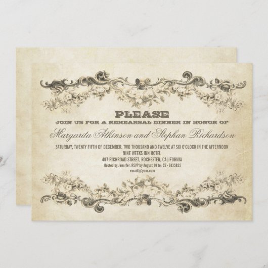 ヴィンテージはリハーサルの夕食の招待状を老化させました 招待状 (正面/裏面)
