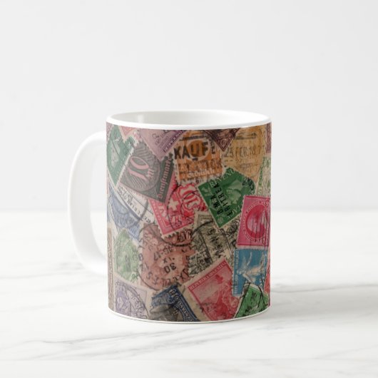 ヴィンテージは切手のコラージュを使用しました コーヒーマグカップ (正面左)