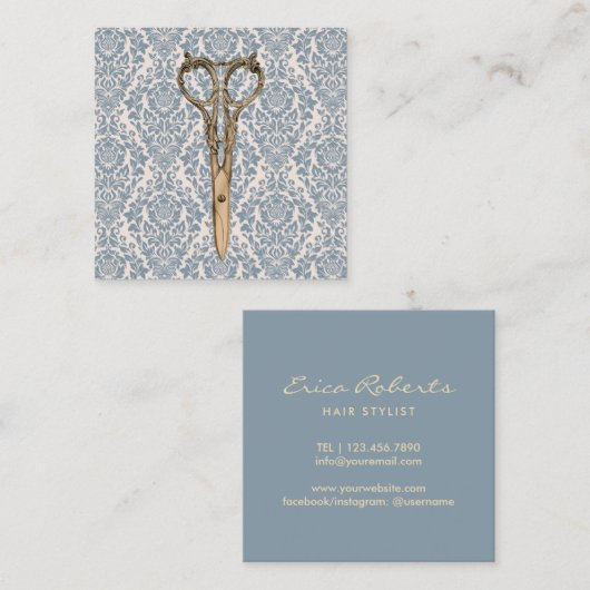 ヴィンテージは挨りだらけの青いダマスク織の美容院を切ります スクエア名刺 (正面/裏面)