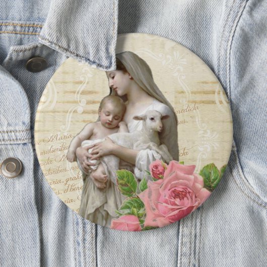 ヴィンテージは聖母マリアイエス・キリストの子ヒツジのピンクのバラを賛美しました 缶バッジ (インサイチュ)