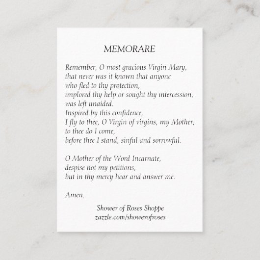 ヴィンテージは聖母マリアMemorare神聖なカードを賛美しました 名刺 (裏面)