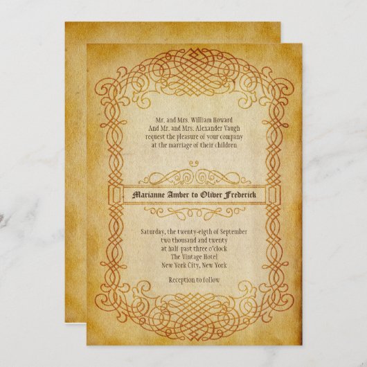 ヴィンテージは華美フレーム古い紙の結婚スクロール 招待状 (正面/裏面)