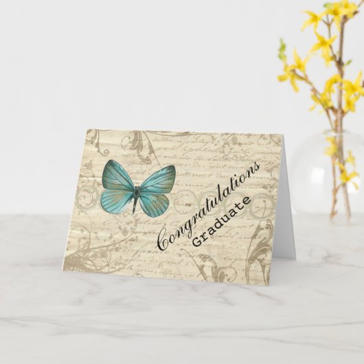 ヴィンテージは蝶お祝いの卒業生を壁紙を張ります カード (黄色い花)