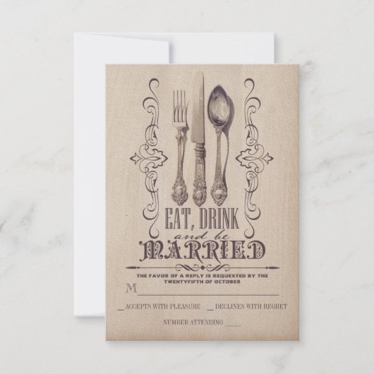 ヴィンテージは飲み物を食べ、結婚したでRSVPカードを結婚します 出欠カード (正面)
