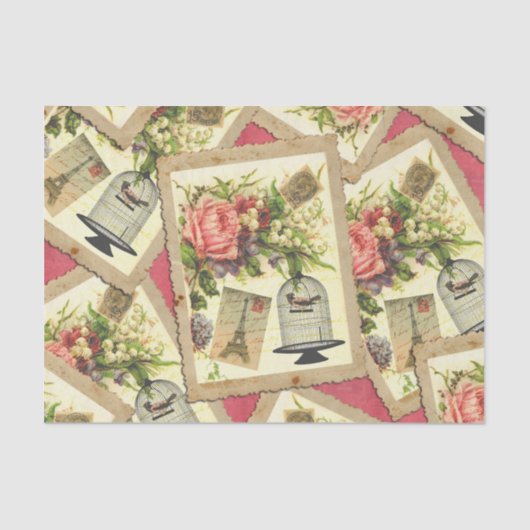 ヴィンテージは、エッフェル塔、及び鳥籠の郵便はがき上がりました 薄葉紙 (正面)