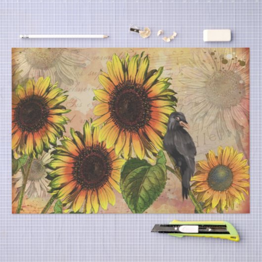 ヴィンテージひまわりとカラスの切り離 薄葉紙 (クラフト)
