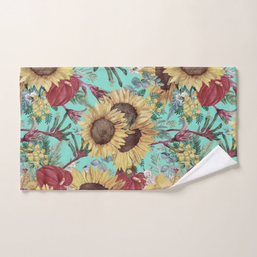 ヴィンテージひまわりと夏の熱帯野花 バスタオルセット (ハンドタオル)