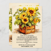 ヴィンテージひまわりイラストレーションアートバースデーパーティー 招待状 (正面/裏面)