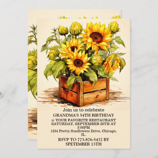 ヴィンテージひまわりイラストレーションアートバースデーパーティー 招待状 (正面/裏面)