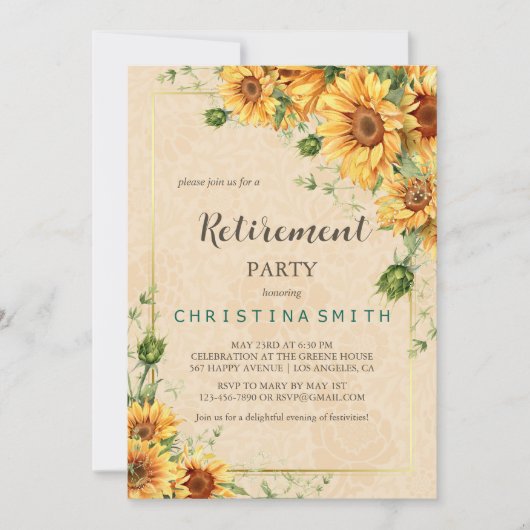 ヴィンテージひまわりエレガント夏の退職パーティー 招待状 (正面)