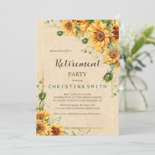 ヴィンテージひまわりエレガント夏の退職パーティー 招待状 (スタンド正面)