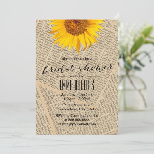 ヴィンテージひまわりオールド新聞ブライダルシャワー 招待状 (スタンド正面)