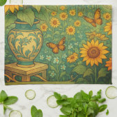 ヴィンテージひまわりガーデンバタフライアールヌーボー キッチンタオル (折り畳み)